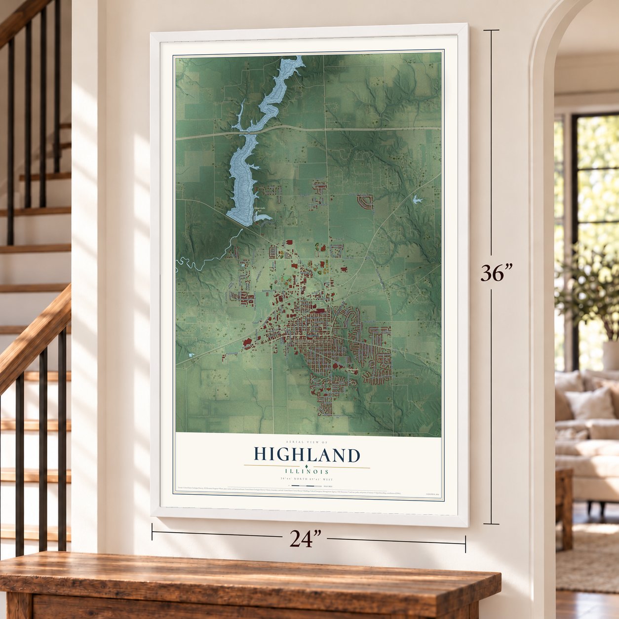 Highland, Illinois map, 24 x 36 inch print in a white frame by a staircase