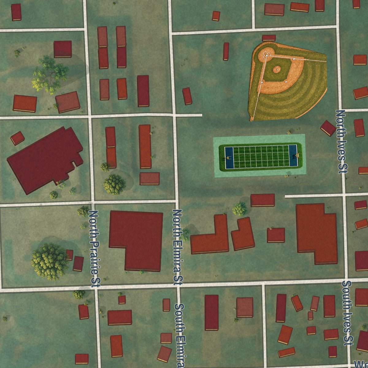 Second close-up of the map of Highland, Kansas print showing more streets and buildings