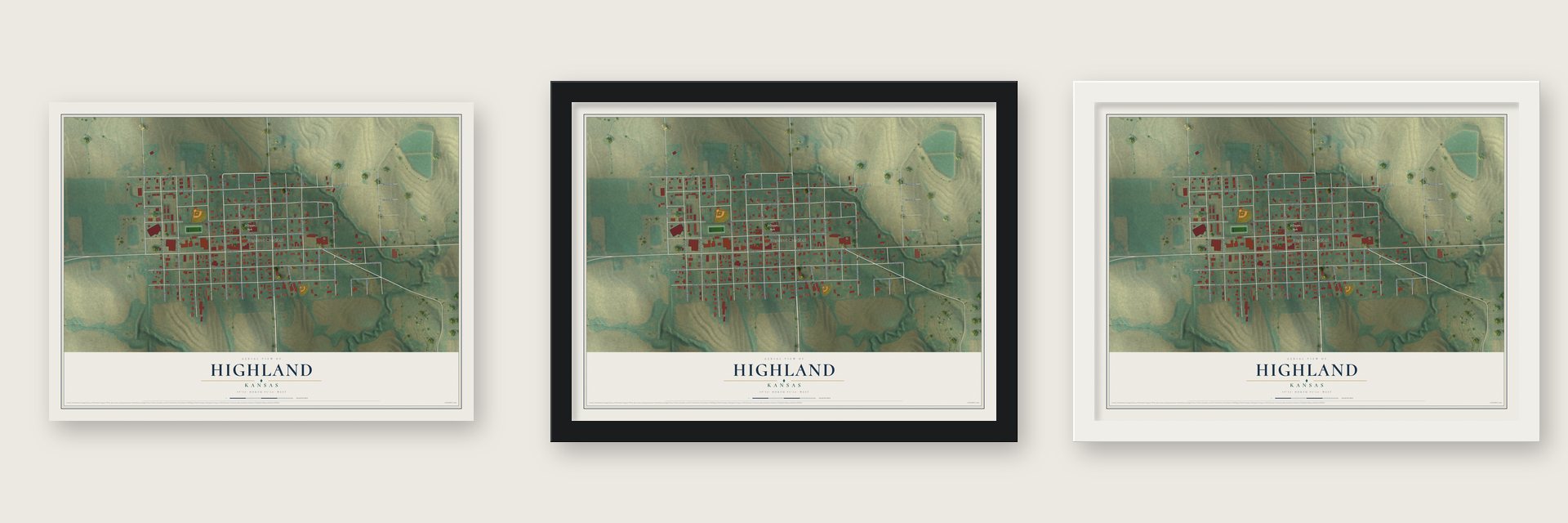 Highland, Kansas map unframed, in a black wood frame and in a white wood frame