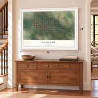 Highland, Kansas map, 24 x 36 inch print in a white frame above a dresser by a staircase
