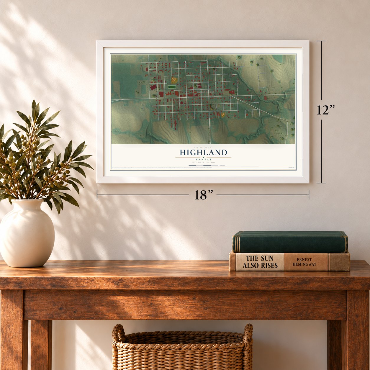 Highland, Kansas map, 12 x 18 inch print in a white frame in an entryway