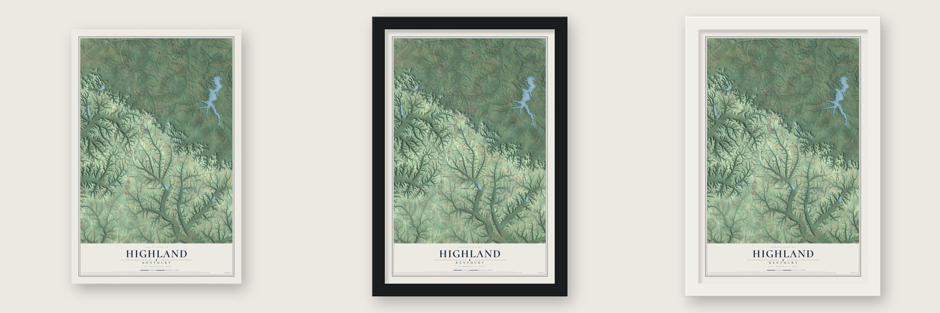 Highland, Kentucky map unframed, in a black wood frame and in a white wood frame