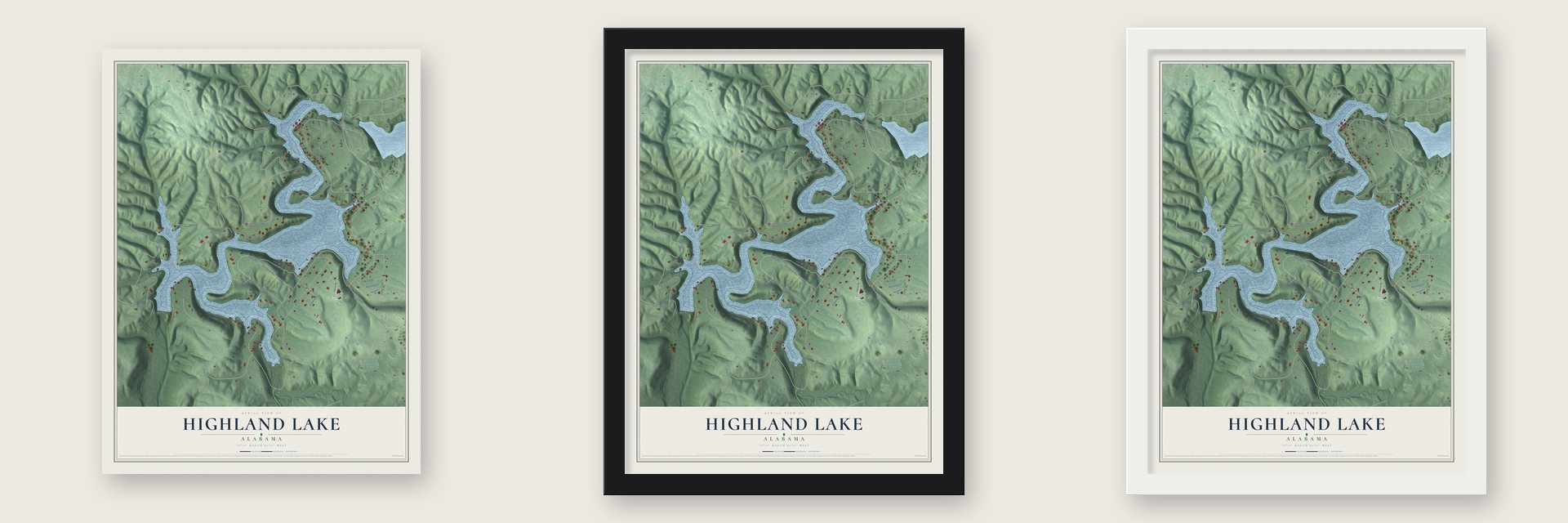 Highland Lake, Alabama map unframed, in a black wood frame and in a white wood frame