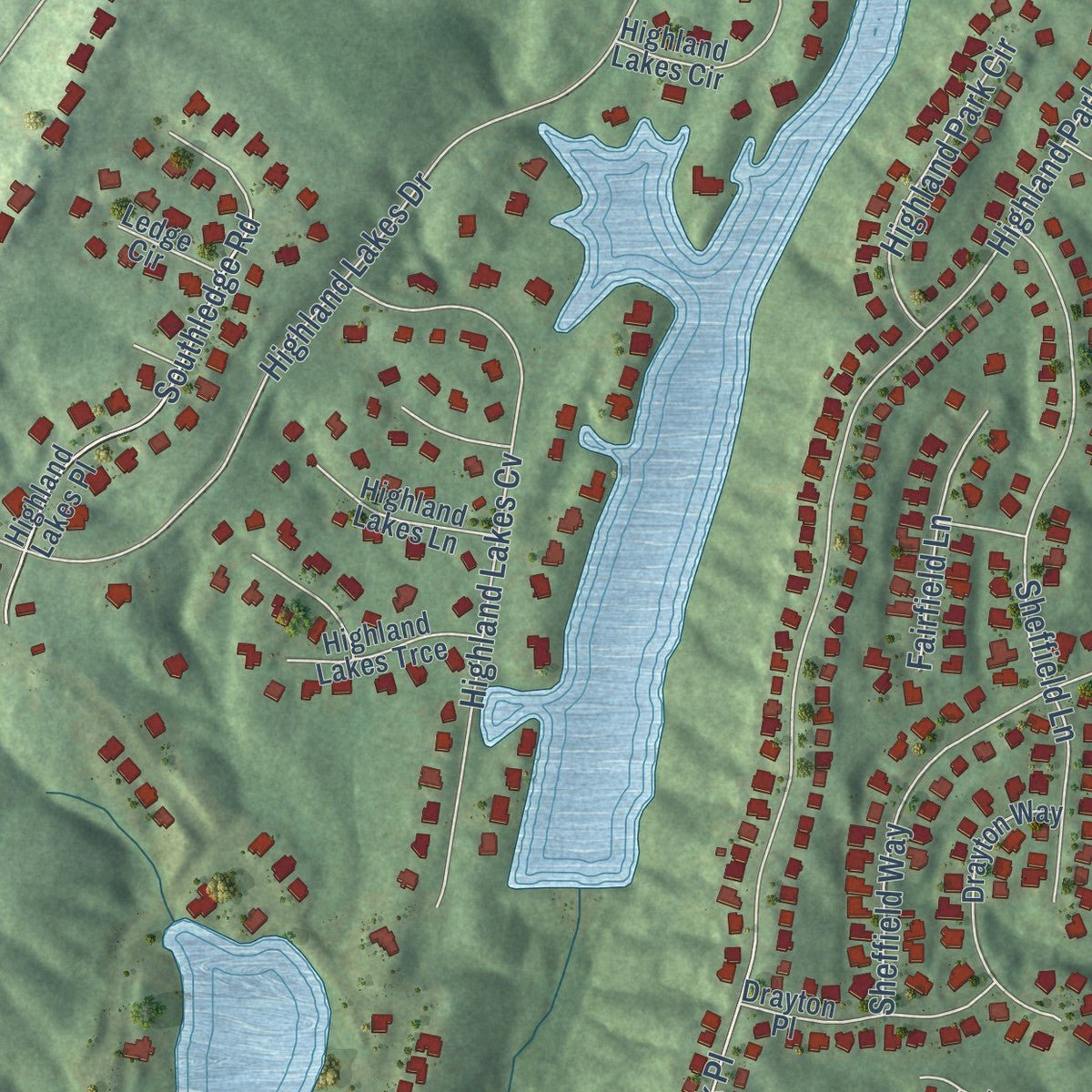 Second close-up of the map of Highland Lakes, Alabama print showing more streets and buildings