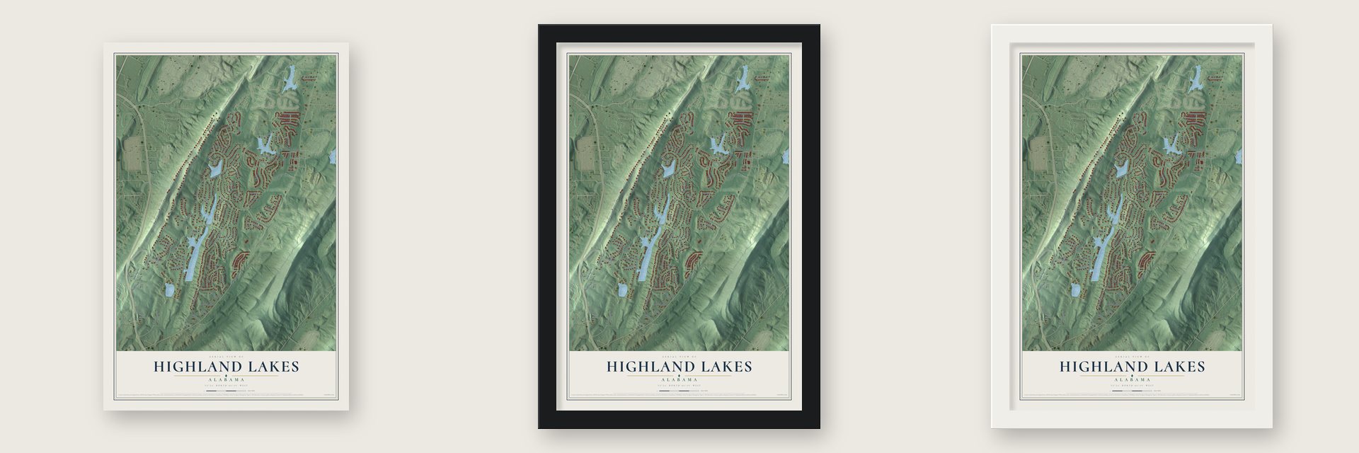 Highland Lakes, Alabama map unframed, in a black wood frame and in a white wood frame