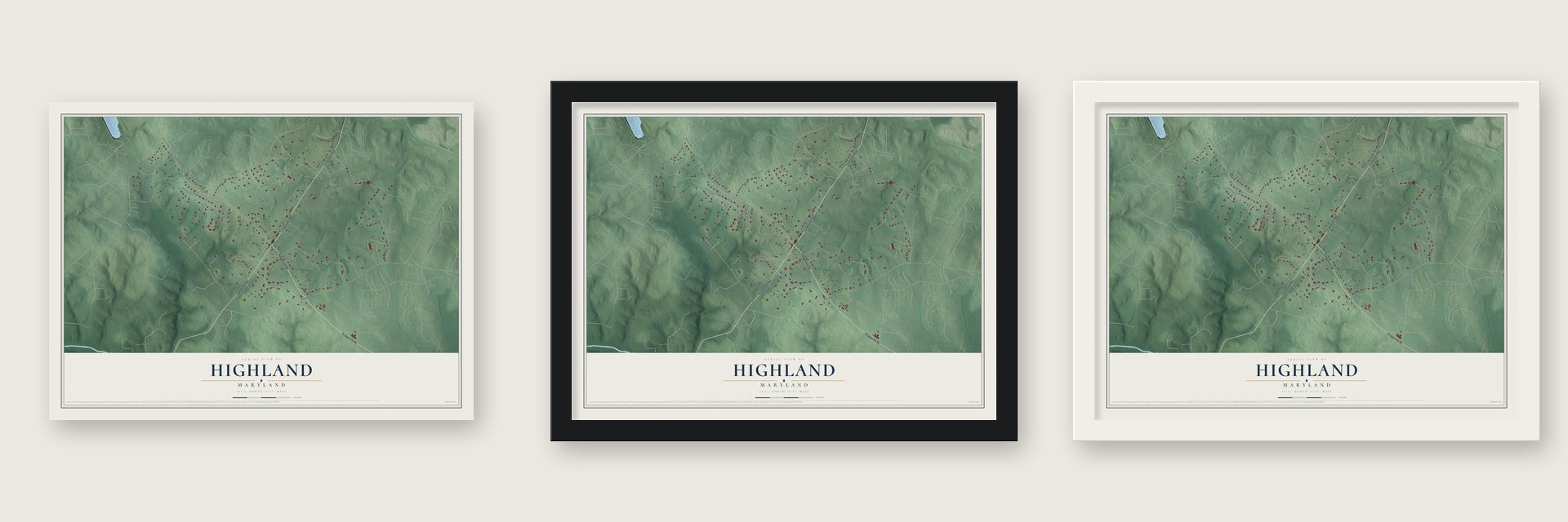 Highland, Maryland map unframed, in a black wood frame and in a white wood frame