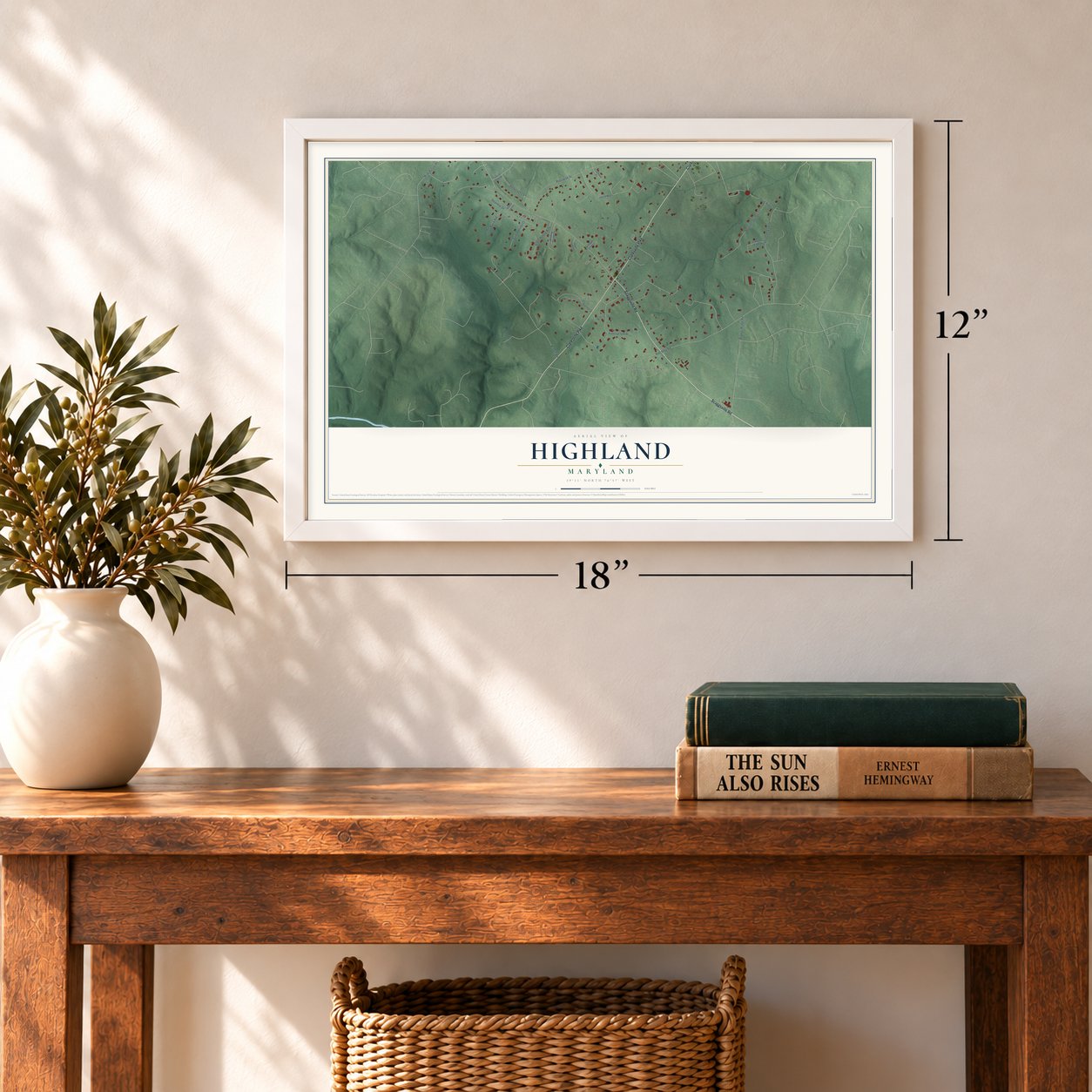 Highland, Maryland map, 12 x 18 inch print in a white frame in an entryway