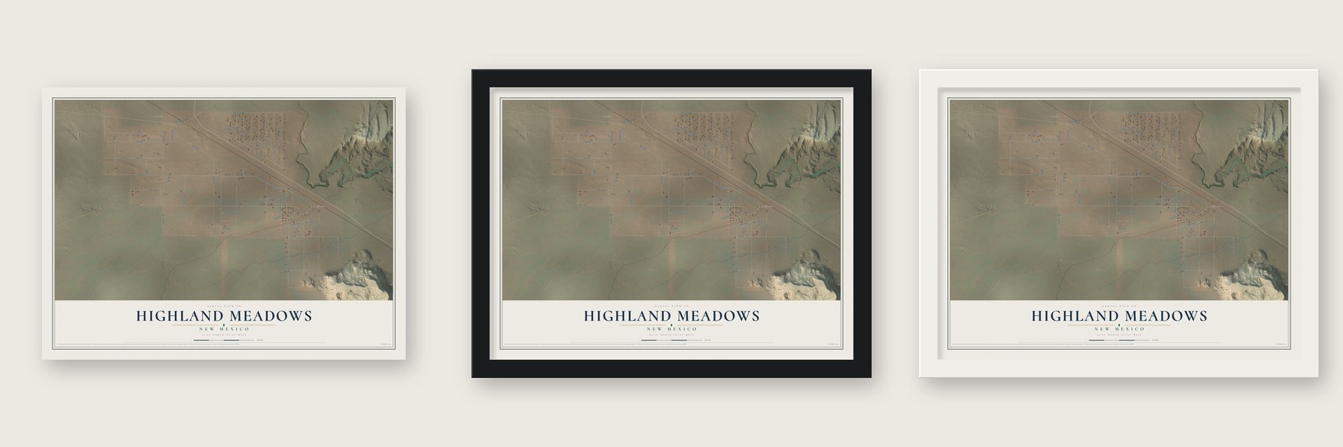 Highland Meadows, New Mexico map unframed, in a black wood frame and in a white wood frame