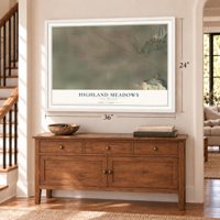 Highland Meadows, New Mexico map, 24 x 36 inch print in a white frame above a dresser by a staircase