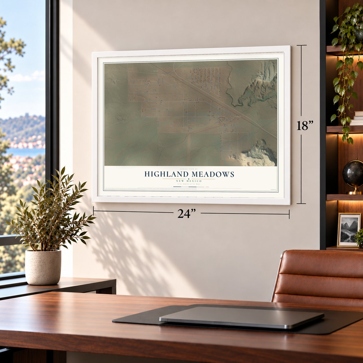 Highland Meadows, New Mexico map, 18 x 24 inch print in a white frame in a home office