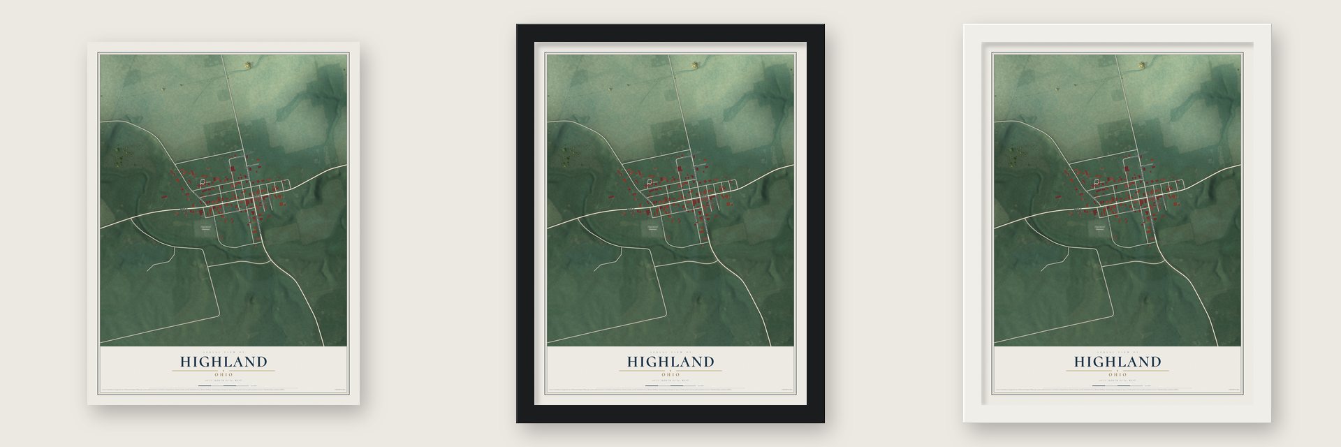 Highland, Ohio map unframed, in a black wood frame and in a white wood frame