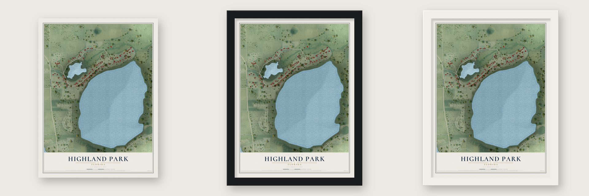 Highland Park, Florida map unframed, in a black wood frame and in a white wood frame