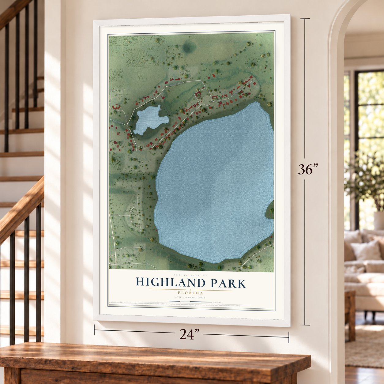 Highland Park, Florida map, 24 x 36 inch print in a white frame by a staircase