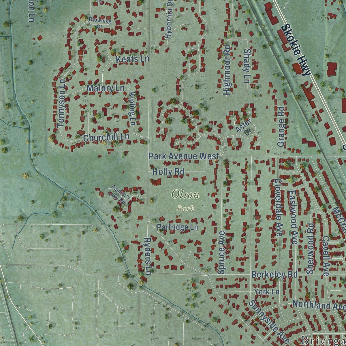 Second close-up of the map of Highland Park, Illinois print showing more streets and buildings