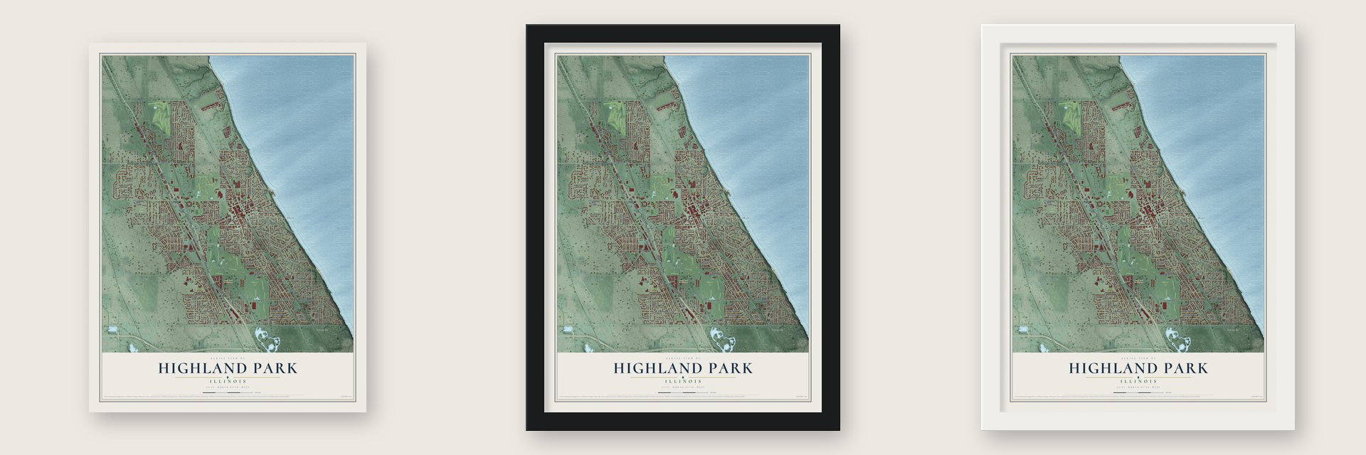 Highland Park, Illinois map unframed, in a black wood frame and in a white wood frame