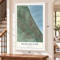 Highland Park, Illinois map, 24 x 36 inch print in a white frame by a staircase