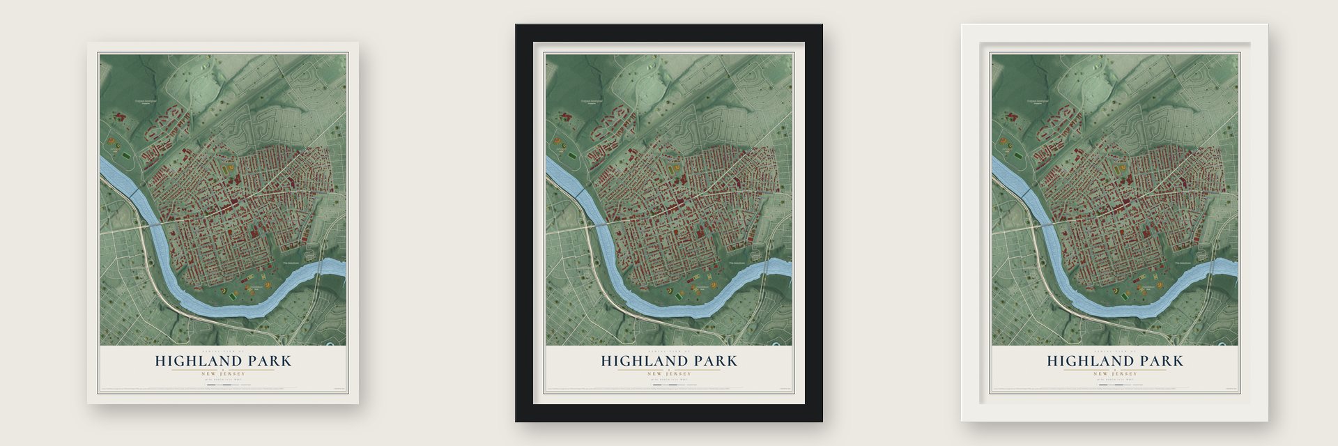 Highland Park, New Jersey map unframed, in a black wood frame and in a white wood frame
