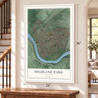 Highland Park, New Jersey map, 24 x 36 inch print in a white frame by a staircase
