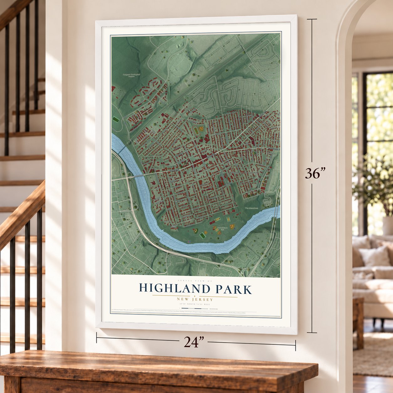 Highland Park, New Jersey map, 24 x 36 inch print in a white frame by a staircase