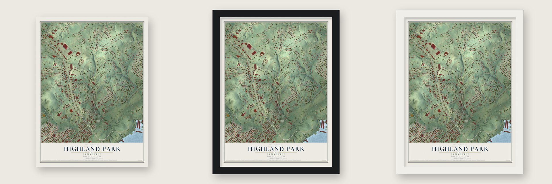 Highland Park, Tennessee map unframed, in a black wood frame and in a white wood frame