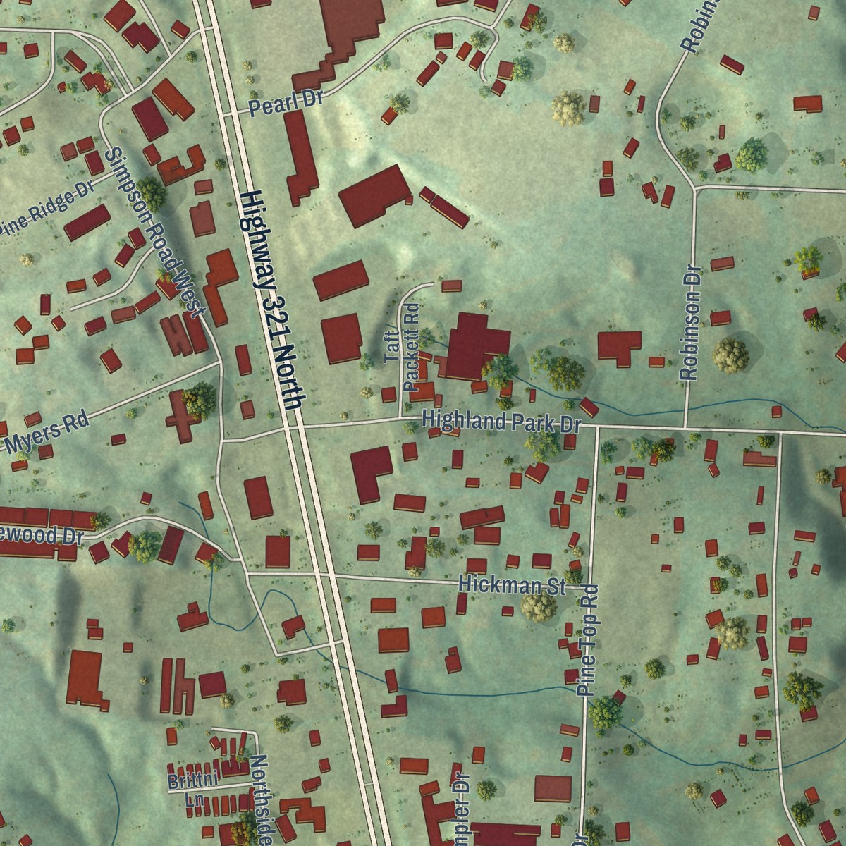 Second close-up of the map of Highland Park, Tennessee print showing more streets and buildings