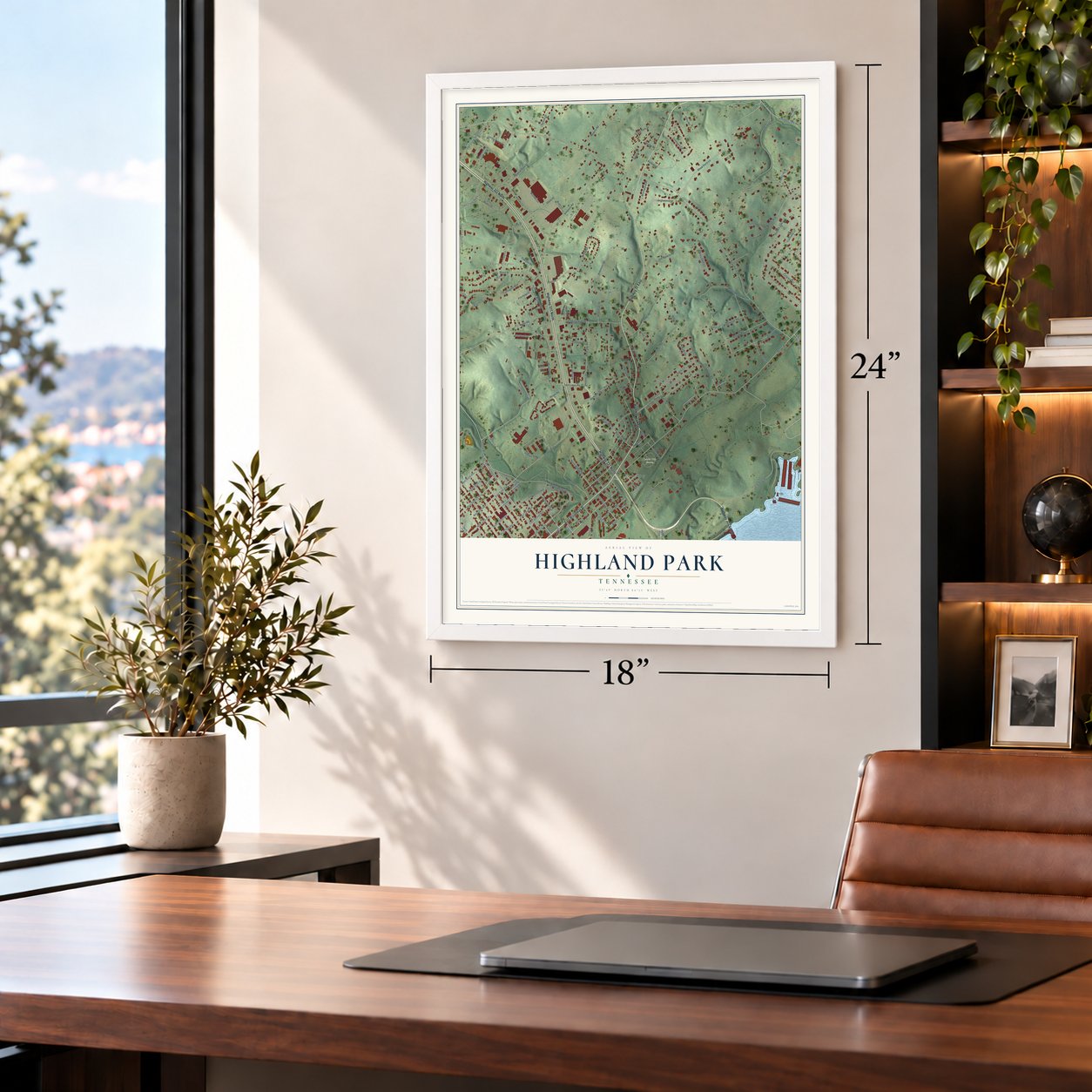 Highland Park, Tennessee map, 18 x 24 inch print in a white frame in a home office