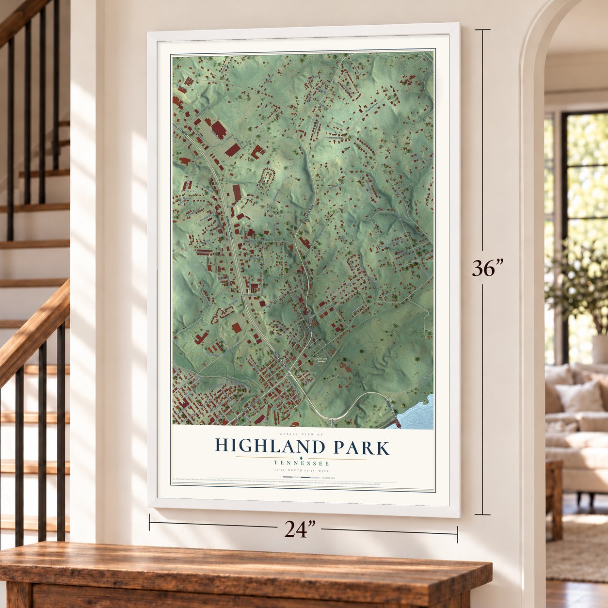 Highland Park, Tennessee map, 24 x 36 inch print in a white frame by a staircase