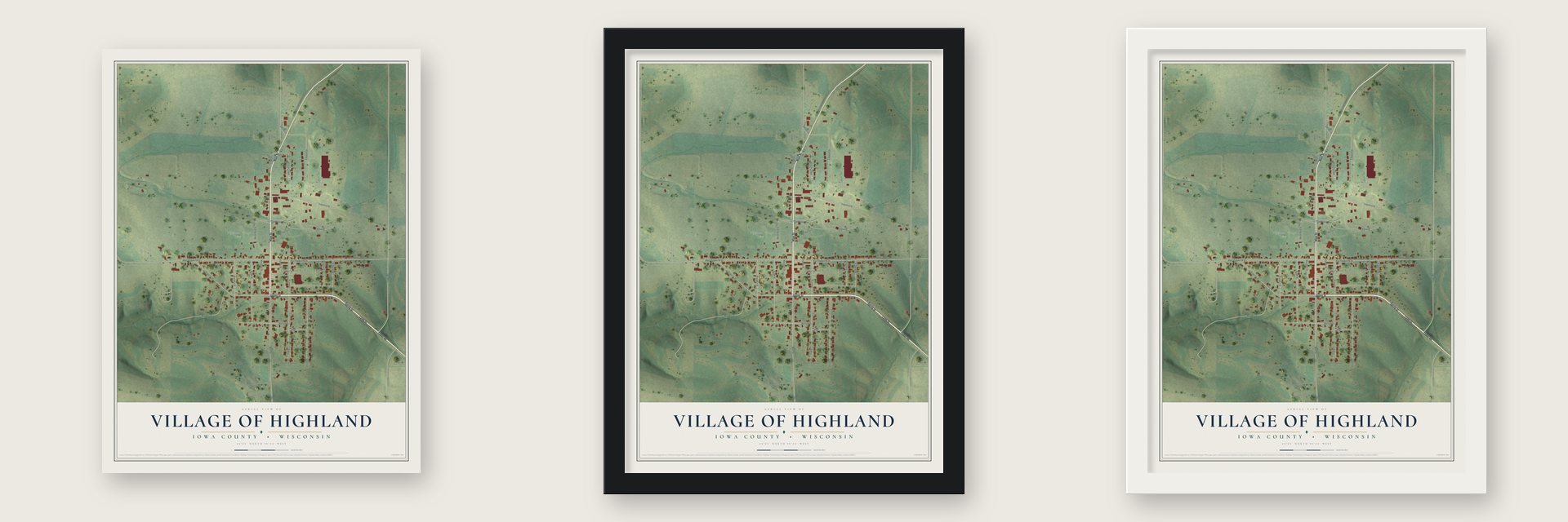 Highland, Wisconsin map unframed, in a black wood frame and in a white wood frame