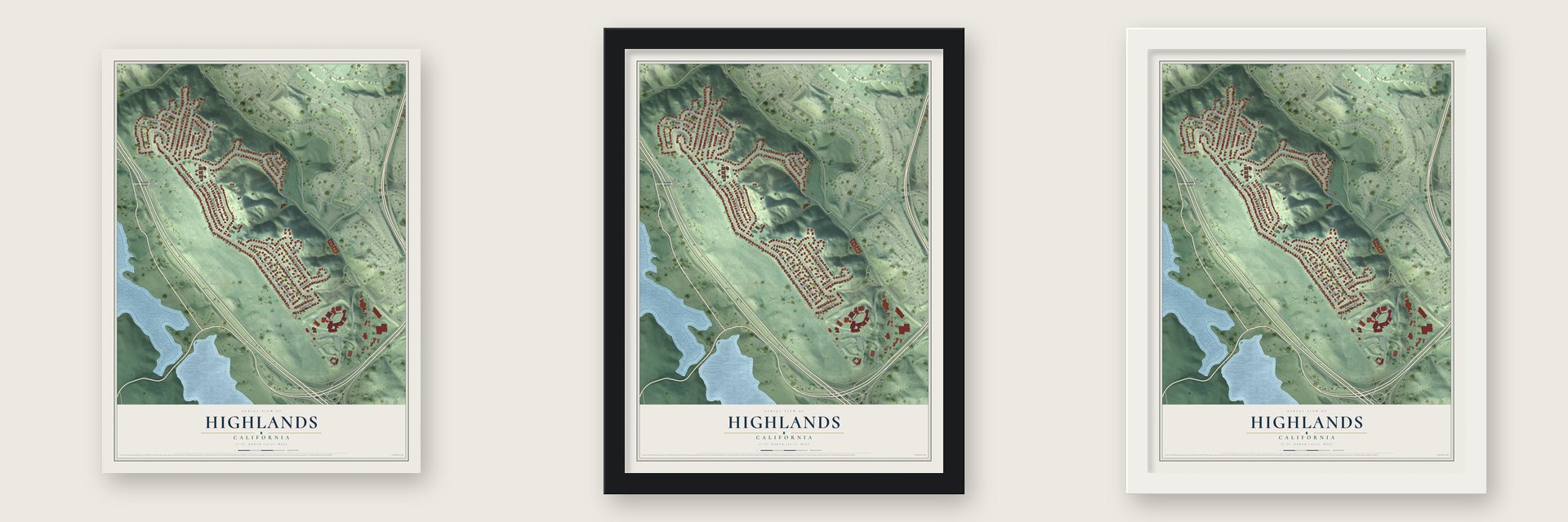 Highlands, California map unframed, in a black wood frame and in a white wood frame