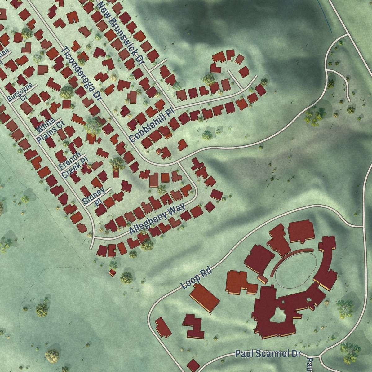 Second close-up of the map of Highlands, California print showing more streets and buildings