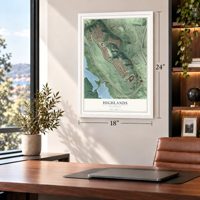 Highlands, California map, 18 x 24 inch print in a white frame in a home office