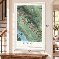 Highlands, California map, 24 x 36 inch print in a white frame by a staircase