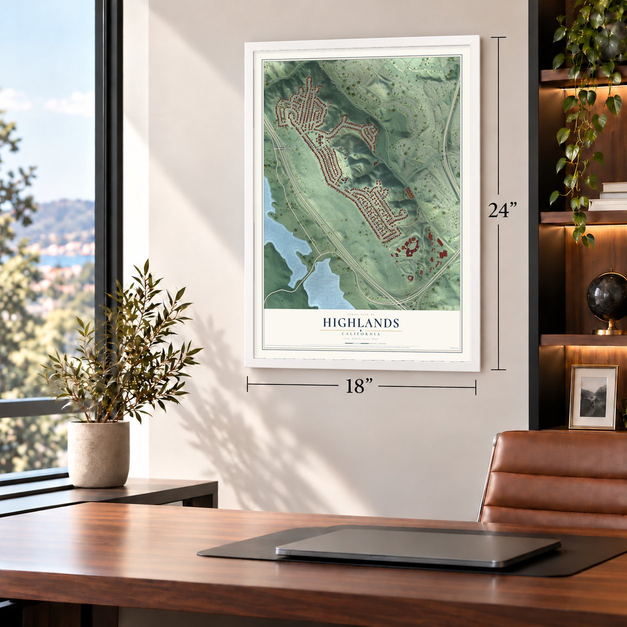 Highlands, California map, 18 x 24 inch print in a white frame in a home office