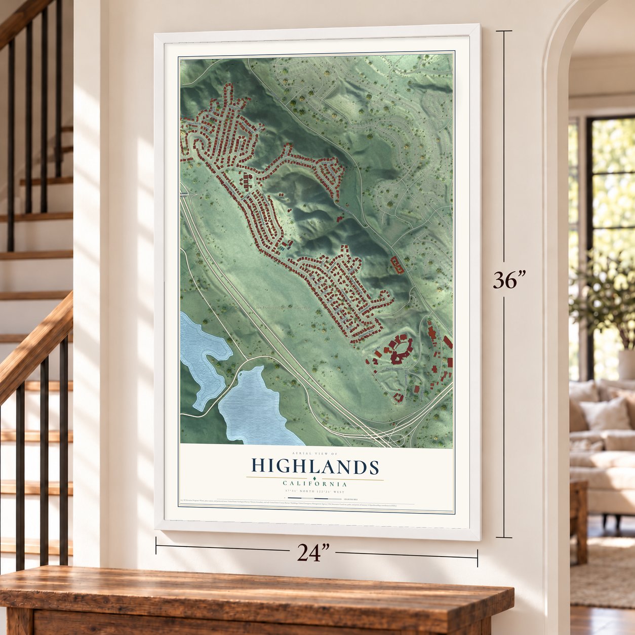 Highlands, California map, 24 x 36 inch print in a white frame by a staircase