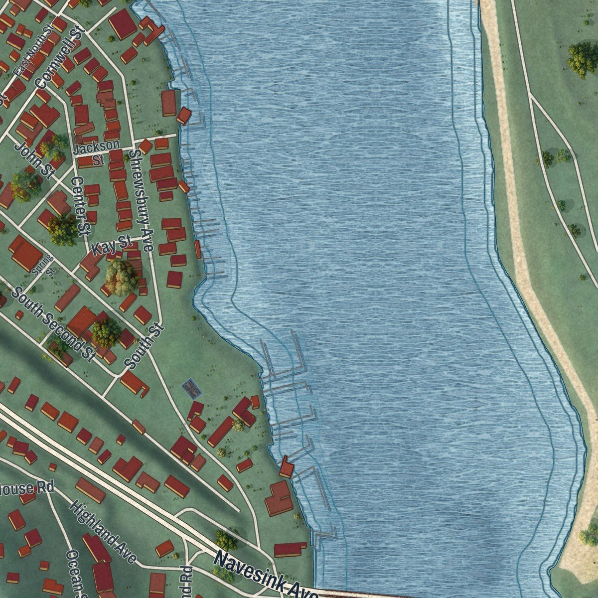 Second close-up of the map of Highlands, New Jersey print showing more streets and buildings