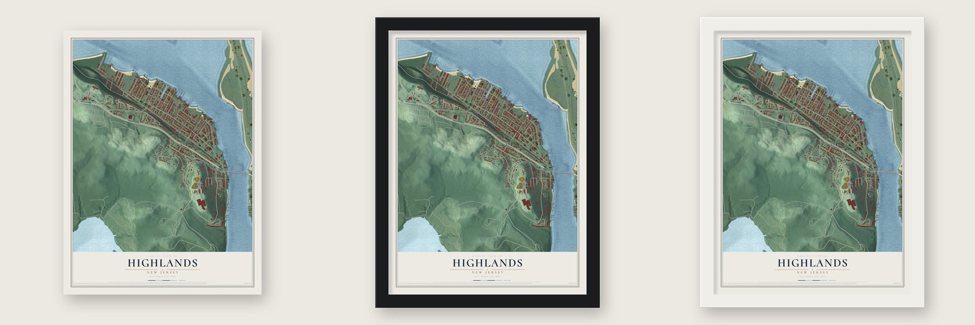 Highlands, New Jersey map unframed, in a black wood frame and in a white wood frame
