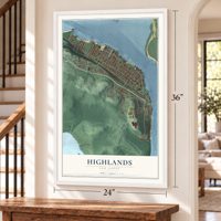 Highlands, New Jersey map, 24 x 36 inch print in a white frame by a staircase