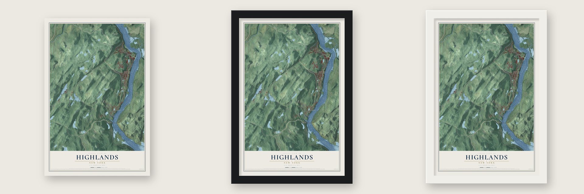 Highlands, New York map unframed, in a black wood frame and in a white wood frame