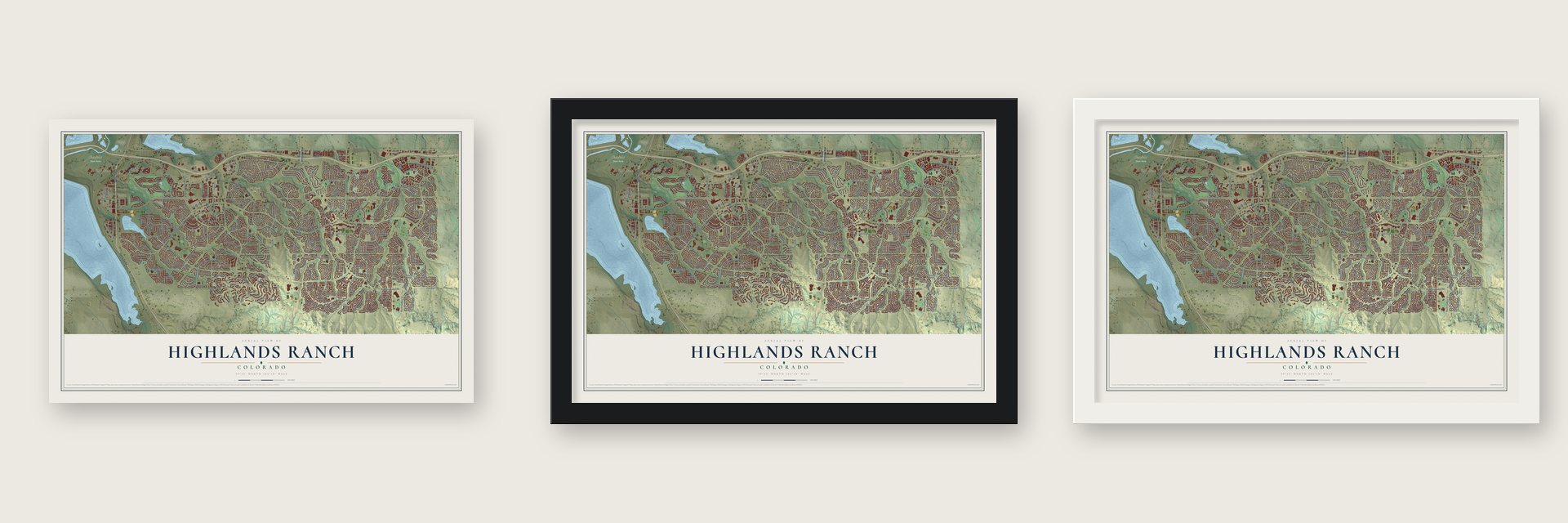 Highlands Ranch, Colorado map unframed, in a black wood frame and in a white wood frame