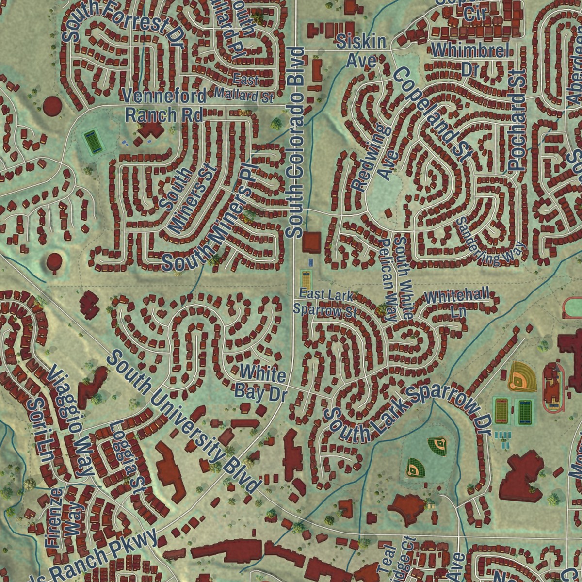 Second close-up of the map of Highlands Ranch, Colorado print showing more streets and buildings