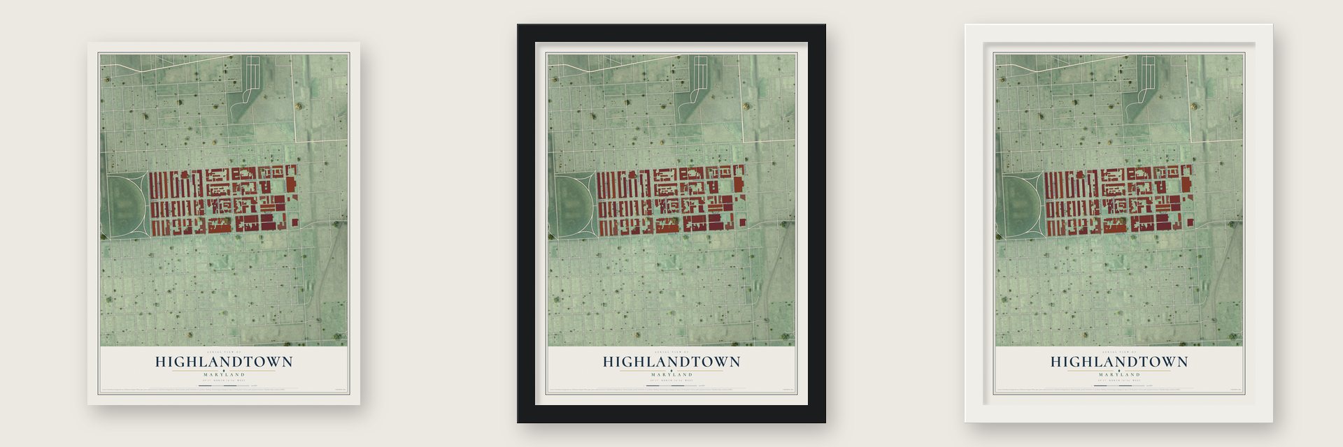 Highlandtown, Maryland map unframed, in a black wood frame and in a white wood frame
