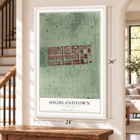 Highlandtown, Maryland map, 24 x 36 inch print in a white frame by a staircase