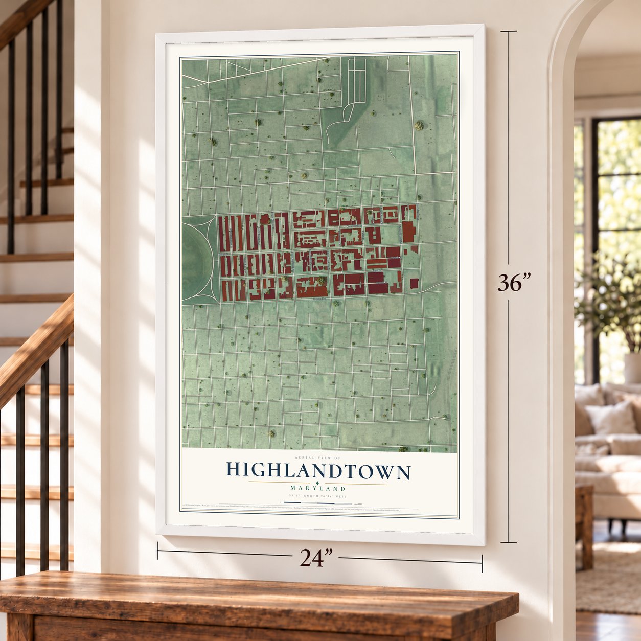 Highlandtown, Maryland map, 24 x 36 inch print in a white frame by a staircase