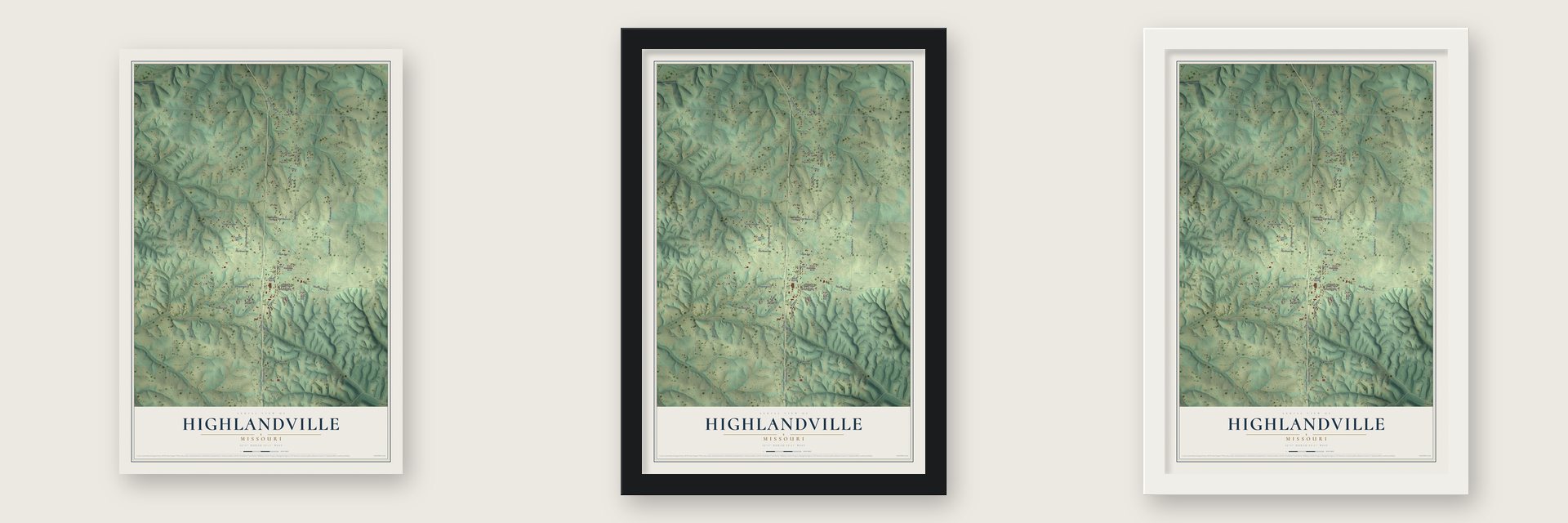 Highlandville, Missouri map unframed, in a black wood frame and in a white wood frame
