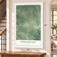 Highlandville, Missouri map, 24 x 36 inch print in a white frame by a staircase