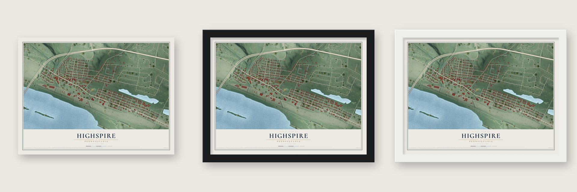 Highspire, Pennsylvania map unframed, in a black wood frame and in a white wood frame