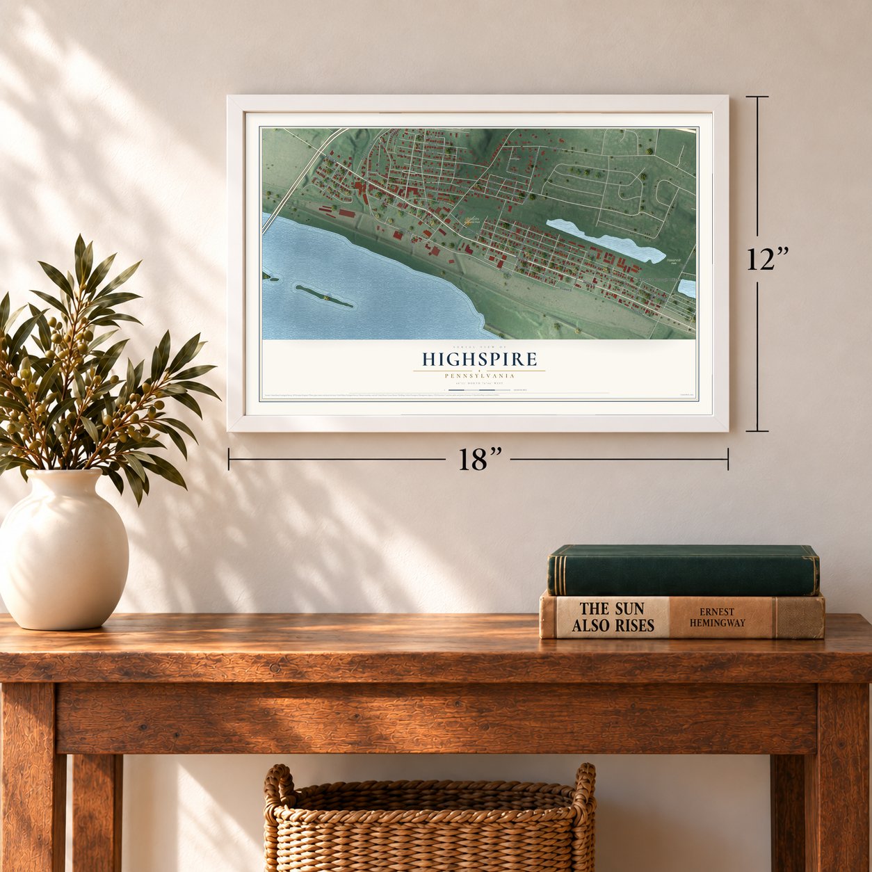 Highspire, Pennsylvania map, 12 x 18 inch print in a white frame in an entryway