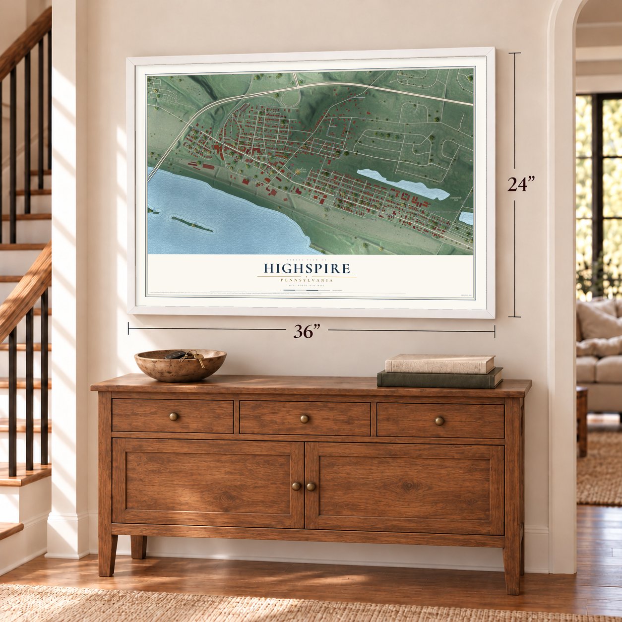 Highspire, Pennsylvania map, 24 x 36 inch print in a white frame above a dresser by a staircase