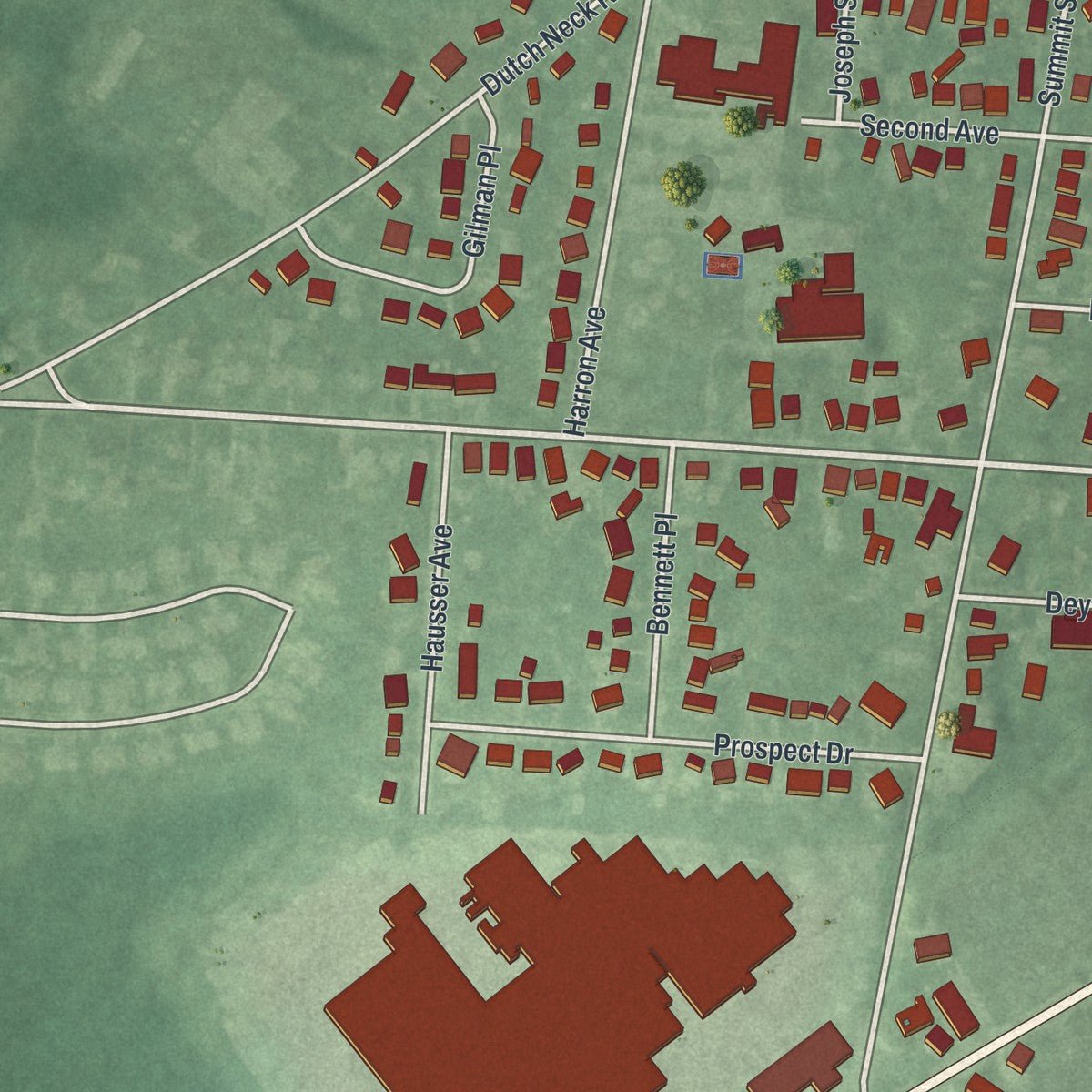 Second close-up of the map of Hightstown, New Jersey print showing more streets and buildings