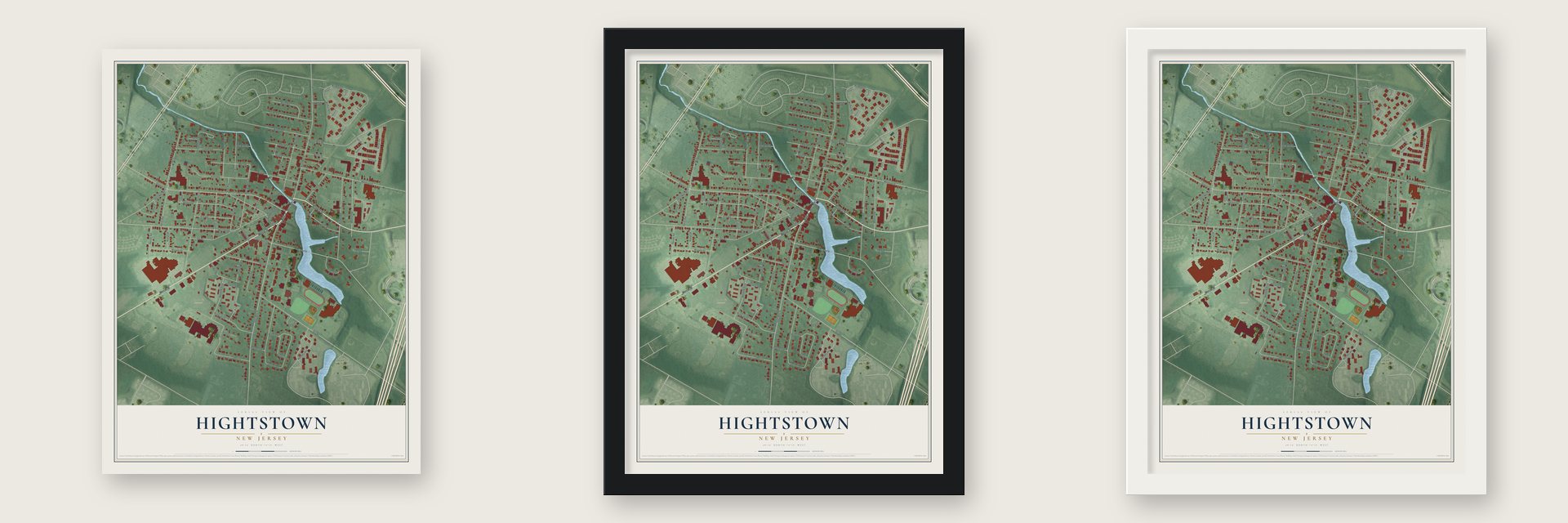 Hightstown, New Jersey map unframed, in a black wood frame and in a white wood frame